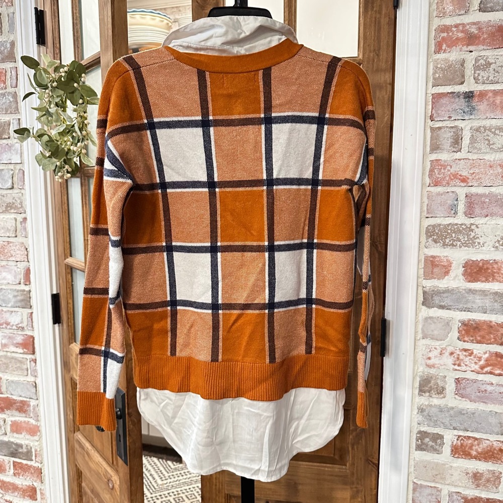 Rachel Zoe Twofer Sweater Women Orange Plaid V-Neck Cardigan Academia Chic S - Picture 3 of 6